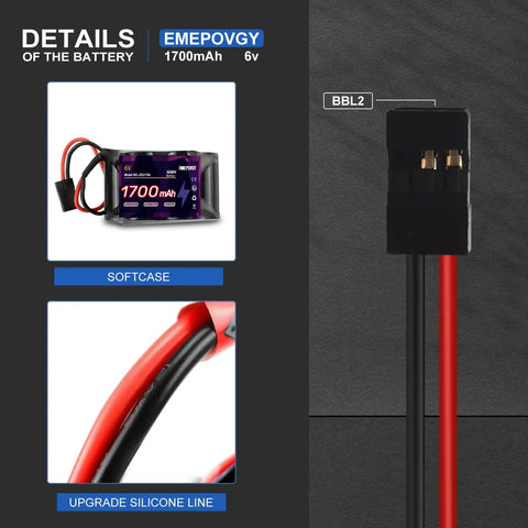 Close-up of Beefy 6V 1700mAh NiMH RC Receiver Battery Pack Hump Style With BBL2 Connector and silicone line details
