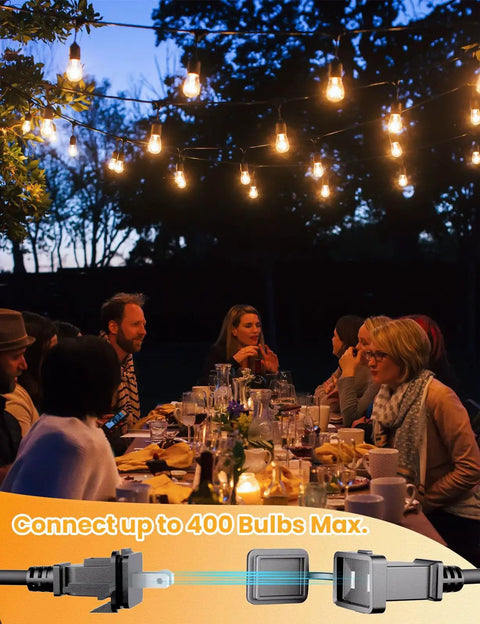 Outdoor LED String Lights 50Ft With 16 Shatterproof S14 Bulbs illuminating backyard dinner party under trees