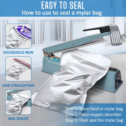 How to seal Mylar bags with iron, hair straightener, or sealer for 100 Pack Food Storage Bags Kit With 100x 300cc Oxygen Absorbers.