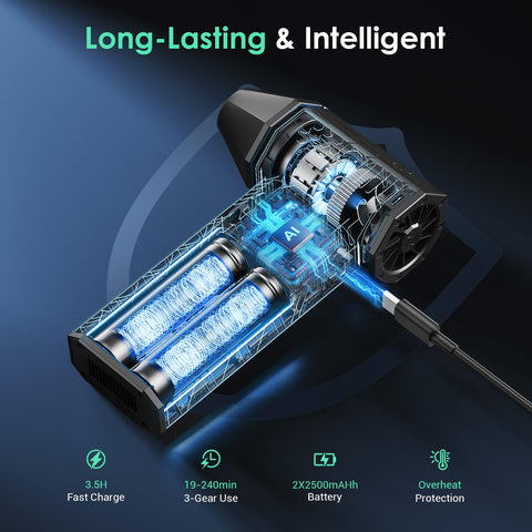 Cordless Air Duster With 110000 RPM Brushless Motor, Rechargeable showing battery and motor details