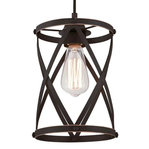 Isadora One-Light Mini Pendant In Oil Rubbed Bronze With lattice weave cage design on a white background