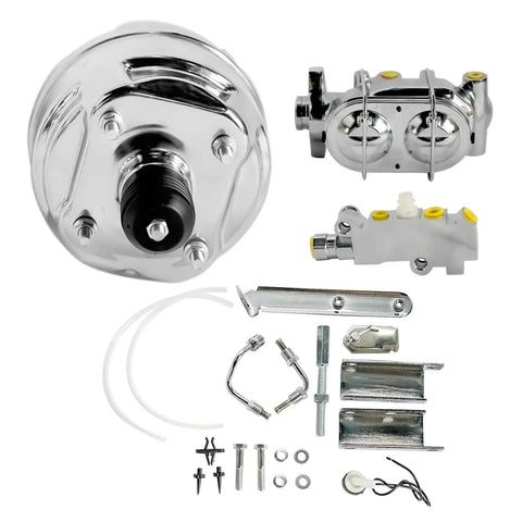 9 Inch Dual Diaphragm Chrome Power Brake Booster Paired With 1 1 8 Bore Master Cylinder And PV4 Disc Drum Proportioning Valve kit components.