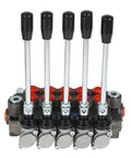 Front view of All-CARB 5-spool hydraulic valve with five metal levers and black tops