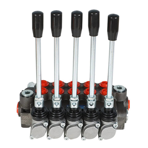 Front view of All-CARB 5-spool hydraulic valve with five metal levers and black tops