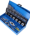 Heavy Duty 32 Piece Thread Tap And Die Set Made From Strong Alloy Steel Includes Adjustable Wrench Pitch Gauge For Fixing Metal Threading On Cars And Machinery Fast. blue case with M3-M12 taps, dies, wrench and gauge