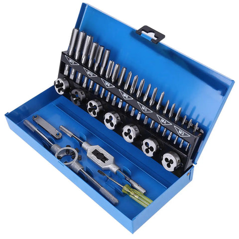 Heavy Duty 32 Piece Thread Tap And Die Set Made From Strong Alloy Steel Includes Adjustable Wrench Pitch Gauge For Fixing Metal Threading On Cars And Machinery Fast. blue case with M3-M12 taps, dies, wrench and gauge