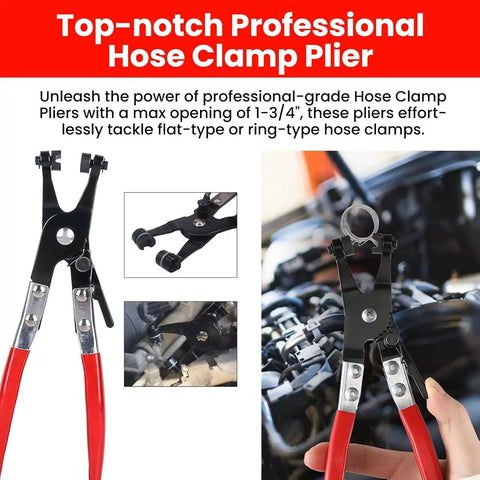 Top Tier 5 In 1 Hose Clamp Pliers Set For Auto Repair Pros, Durable Automotive Tool Kit To Snip Install And Adjust Clips On Coolant Or Fuel Lines Like A Boss., black steel hose clamp plier with red handles, 1-3/4 in opening