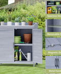 Outdoor Potting Bench With Metal Tabletop And Double Doors Cabinet, adjustable shelf for backyard storage on lawn