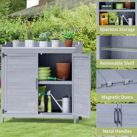 Outdoor Potting Bench With Metal Tabletop And Double Doors Cabinet, adjustable shelf for backyard storage on lawn