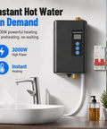 Premium Tankless Water Heater Pumping Out Kickin Instant Hot Water With Convenient Remote Setup For Kitchen Faucet 3000W Electric On Demand Unit mounted beside sink.