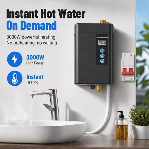 Premium Tankless Water Heater Pumping Out Kickin Instant Hot Water With Convenient Remote Setup For Kitchen Faucet 3000W Electric On Demand Unit mounted beside sink.