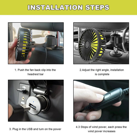 Installation steps for Two Pack Usb Car Seat Fans For A Chill Backseat Vibe With 360 Degree Rotatable Rear Cooling Blower.