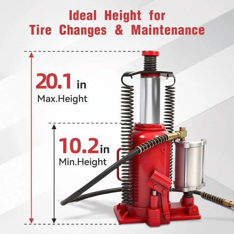 20 Ton Air Hydraulic Bottle Jack With 10.2 To 20.1 Inch Lift Range and Dual Mode for Trucks and RVs