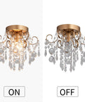 Mini Crystal Chandelier Flush Mount Ceiling Light With Gold Finish, sparkling E26 base fixture, lit and unlit side by side view
