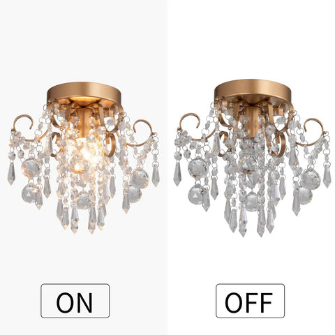 Mini Crystal Chandelier Flush Mount Ceiling Light With Gold Finish, sparkling E26 base fixture, lit and unlit side by side view