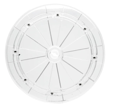 Top view of Must-Have 8 Inch Acrylic Turntable Organizer With 360 Degree Rotation, Clear Lazy Susan with visible lines.