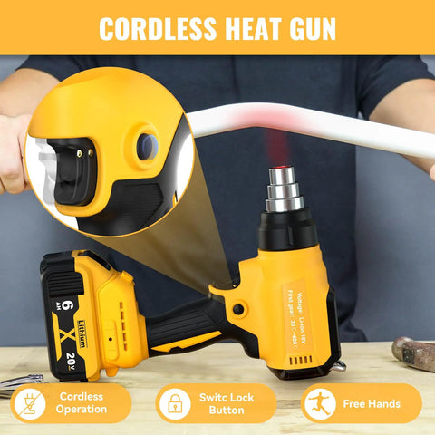 Cordless 20V Heat Gun With 350W Power, LED Light, person using tool on pipe, includes 4 nozzles and scraper, DIY fixing
