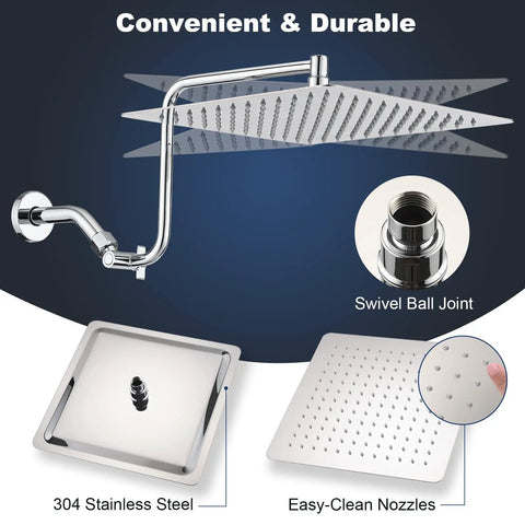 Top Notch 12 Inch Rain Shower Head With Adjustable Extension Arm All Metal 304 Stainless Steel High Pressure