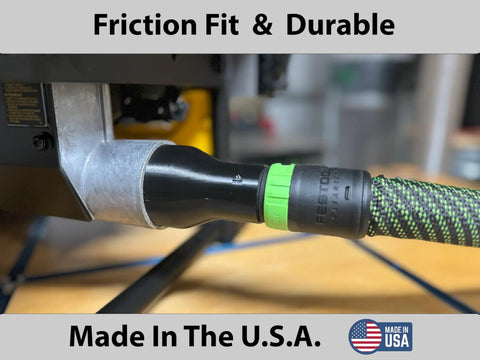 27mm Hose Adapter For 2.5 Inch Dust Collection Ports Fits 27mm D27 D32 And VAC005 Hoses Black Made In USA connected to tool