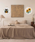 Bedroom wall with bee punch needle art from Chill Dope Beginner Punch Needle Starter Kit With Cute Bee Pattern For DIY Hoop Embroidery