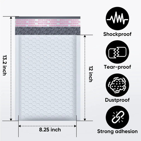 Dimensional diagram of Bubble Mailers 8.5 x 12 Inch 100 Pack Usable 8.25 x 12 Inch Opaque Self Seal Poly Mailers showing features.