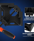 Tight Corner Clamping Done Right With These Badass Aluminum Right Angle Clamps featuring a heavy-duty black aluminum design and grip handle.