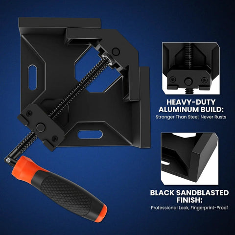 Tight Corner Clamping Done Right With These Badass Aluminum Right Angle Clamps featuring a heavy-duty black aluminum design and grip handle.