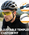 Cyclist wearing Anti Fog Safety Glasses For Men And Women With Adjustable Arms ANSI Z87.1 Rated Scratch Resistant Eye Protection