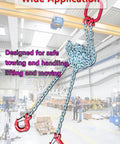 Warehouse scene with Beefy 2 Ton Grade 80 Alloy Steel Chain Sling 5 Ft long 2 leg with sling hooks, hung from beam