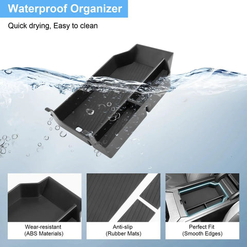 BMW X3 Center Console Organizer Tray for 2025 2026 G45 models floating in water, showing anti-slip rubber and ABS plastic material.