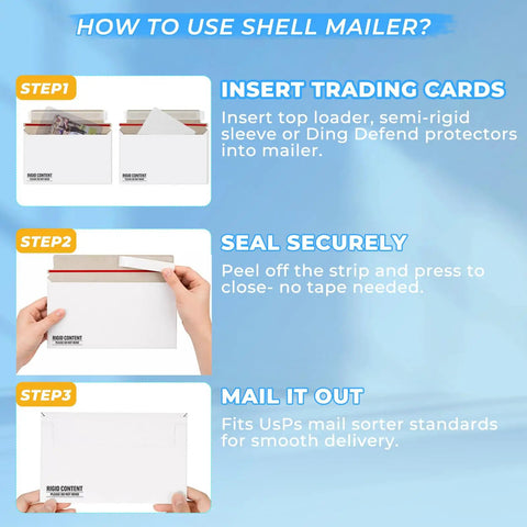 Steps to use 100 Pack Card Mailer Envelopes With Semi-Rigid Holders For Sleeved Or Toploaded Trading Cards, 7 By 4.35 Inch