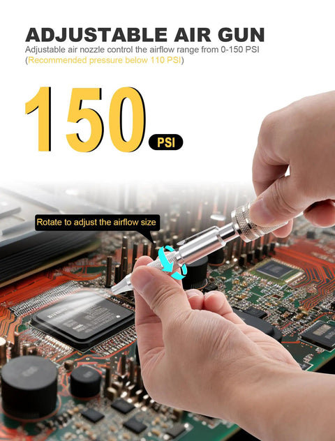 Using Two Pack Handy Adjustable Pocket Air Blow Gun Kit With M Style Coupler for electronics dust cleaning at 150 PSI