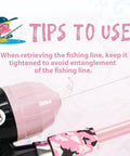 Portable Telescopic Kids Fishing Pole Set For Boys And Girls 2 Pack With Rod And Reel close-up showing reel and tip usage instructions