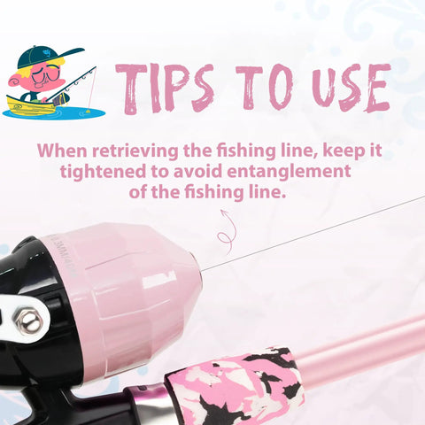 Portable Telescopic Kids Fishing Pole Set For Boys And Girls 2 Pack With Rod And Reel close-up showing reel and tip usage instructions