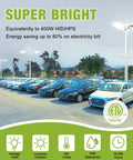 Parking lot illuminated by Beastly Bright LED Parking Lot Light Shoebox, showing energy efficiency stats, IP65 waterproof, 21,000 lumen output.