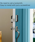 Rock Solid Smart Deadbolt With Wireless Wifi And Touchscreen Keypad For Hassle Free Keyless Entry Tight Auto Lock Security And Sleek Passage Lever Handle In Satin Nickel Pack Of Three installed on a door.