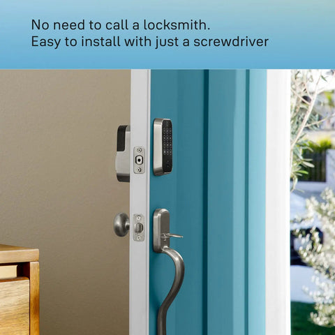 Rock Solid Smart Deadbolt With Wireless Wifi And Touchscreen Keypad For Hassle Free Keyless Entry Tight Auto Lock Security And Sleek Passage Lever Handle In Satin Nickel Pack Of Three installed on a door.