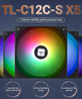 Five Pack 120mm ARGB PWM CPU Case Fans With S-FDB Bearing, Silent Up To 1550 RPM, colorful light display