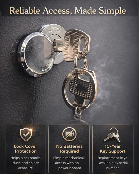 Close-up of mechanical lock and keys on 60 Minute Fireproof Safe For Home And Office That Keeps Your Stuff Safe, 23.69 Inch Tall Safe