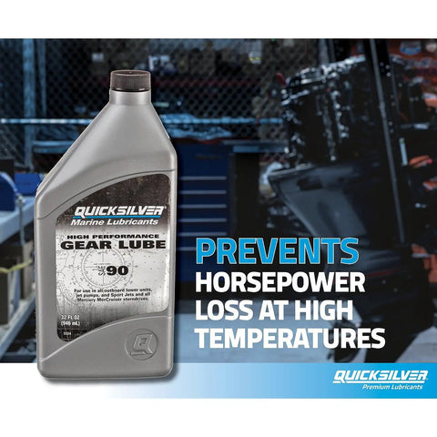 SAE 90 High Performance Gear Lube For Outboard Lower Units And Sterndrives Above 75HP 32 Oz bottle in a workshop setting