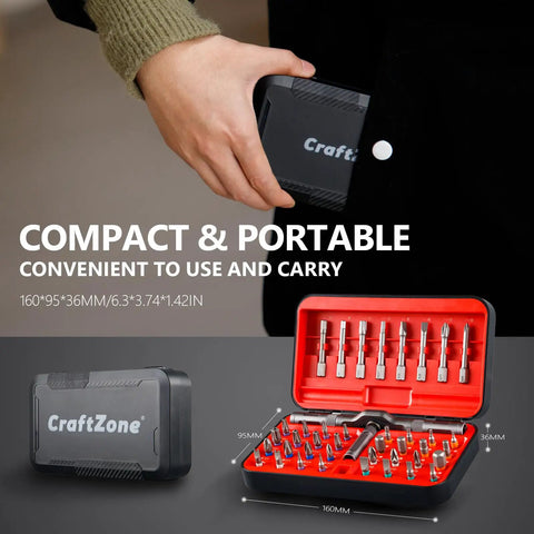 All-Purpose 42-In-1 Magnetic Ratchet Screwdriver Set with S2 Steel Bits, compact case in hand and open case with bits displayed.