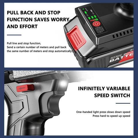 Badass Hustle Ready Cordless Wire Puller Threads Pipe Slick Through Walls With Right Angle Elbow Routing And Heavy Duty Brushless Motor showing pull back and stop function.