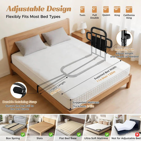 Heavy Duty Bed Rail With Dual Grab Bars For Elderly Adults 400 Lbs Capacity Adjustable Height Non Slip Foam Grips on bed