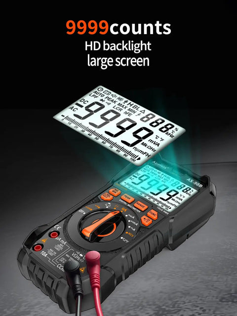 Digital Multimeter With Auto Range, 9999 Counts, large HD backlit screen showing voltage measurements.