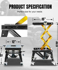 Diagram showing dimensions of Heavy Duty Motorcycle Lift Table With 350 Lb Capacity Hydraulic Foot Operated Scissor Lift 15 By 11.5 Inch Platform Lifts From 12 To 33.5 Inches Four Wheel Stand Solid Steel Construction With Red Powder Coat.