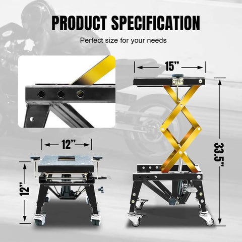 Diagram showing dimensions of Heavy Duty Motorcycle Lift Table With 350 Lb Capacity Hydraulic Foot Operated Scissor Lift 15 By 11.5 Inch Platform Lifts From 12 To 33.5 Inches Four Wheel Stand Solid Steel Construction With Red Powder Coat.