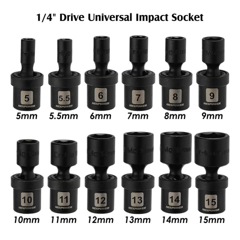 12 Piece One Quarter Inch Drive Metric Universal Impact Socket Set With Swivel Wobble Flex Heads, CR-MO Tough Chrome Moly, Shallow Sockets From 5Mm To 15Mm For Easy Access And Heavy Duty Auto Home And Shop Projects
