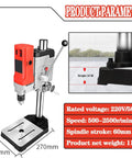 Piefeak 1050w Bench Drill Press With Vice, Adjustable 6 Speed 50-2500rpm For Wood And Metal Working, showing height and dimensions.