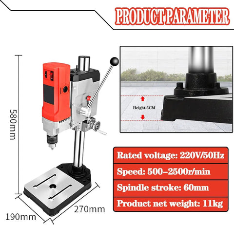 Piefeak 1050w Bench Drill Press With Vice, Adjustable 6 Speed 50-2500rpm For Wood And Metal Working, showing height and dimensions.