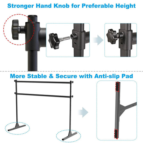5 Foot Freestanding Ballet Barre With 10 Adjustable Heights From 11 To 47 Inches 350 Lb Capacity Steel Portable Double Barre with hand knob and anti-slip pad shown.